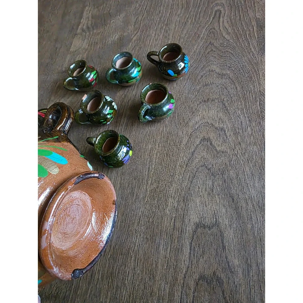 Mexican Folk Art Pottery Tequila Set Hand Painted Floral Glazed Brown 8pc decor